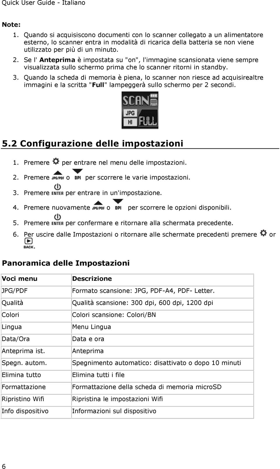 Quando la scheda di memoria è piena, lo scanner non riesce ad acquisirealtre immagini e la scritta "Full" lampeggerà sullo schermo per 2 secondi. 5.2 Configurazione delle impostazioni 1.