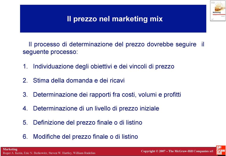 Determinazione dei rapporti fra costi, volumi e profitti 4. Determinazione di un livello di prezzo iniziale 5.