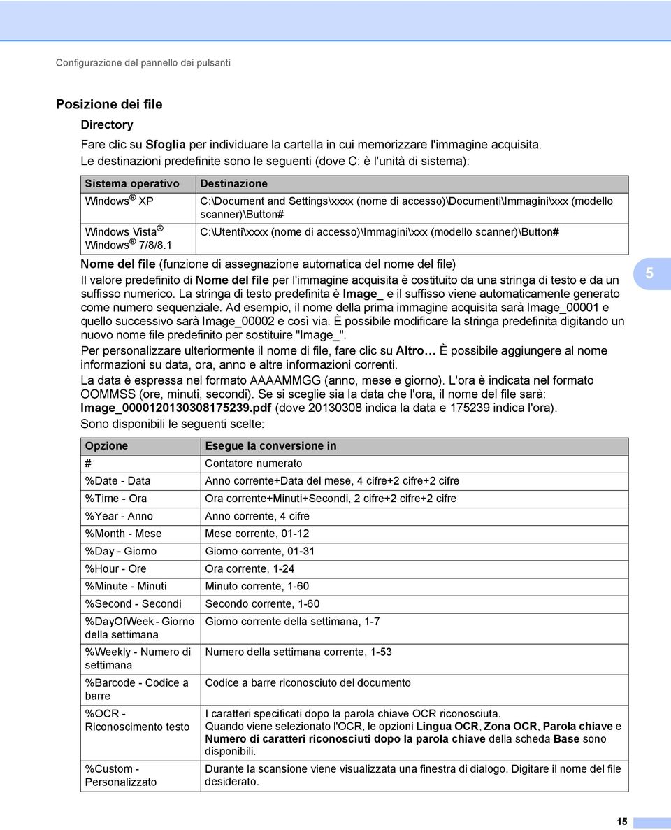 1 Destinazione C:\Document and Settings\xxxx (nome di accesso)\documenti\immagini\xxx (modello scanner)\button# C:\Utenti\xxxx (nome di accesso)\immagini\xxx (modello scanner)\button# Nome del file