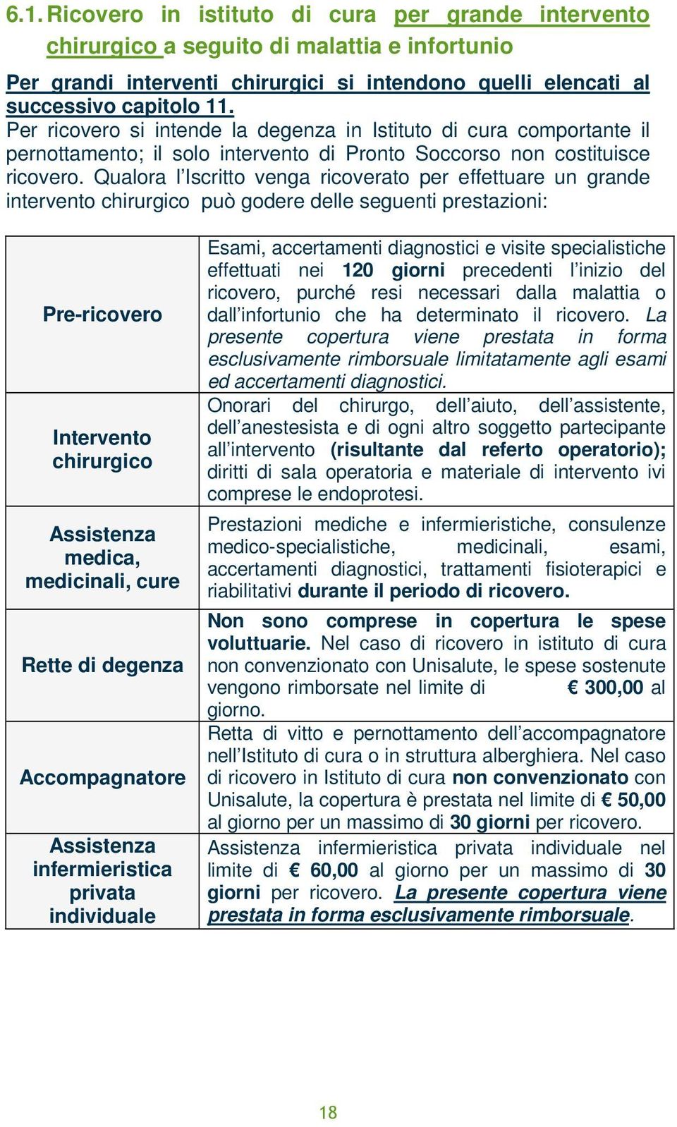 Qualora l Iscritto venga ricoverato per effettuare un grande intervento chirurgico può godere delle seguenti prestazioni: Pre-ricovero Intervento chirurgico Assistenza medica, medicinali, cure Rette