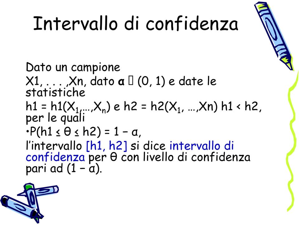 = h2(x 1,,Xn) h1 < h2, per le quali P(h1 θ h2) = 1 α, l intervallo