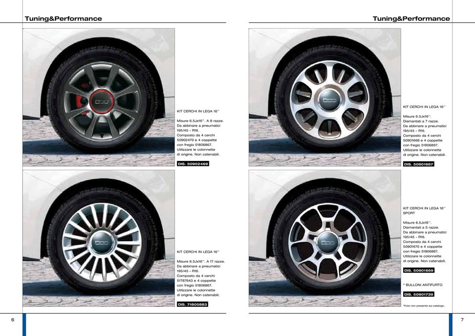 Utilizzare le colonnette di origine. Non catenabili. DIS. 50902469 DIS. 50901667 KIT CERCHI IN LEGA 16 SPORT KIT CERCHI IN LEGA 16 Misure 6.5Jx16. A 17 razze. Da abbinare a pneumatici 195/45 - R16.