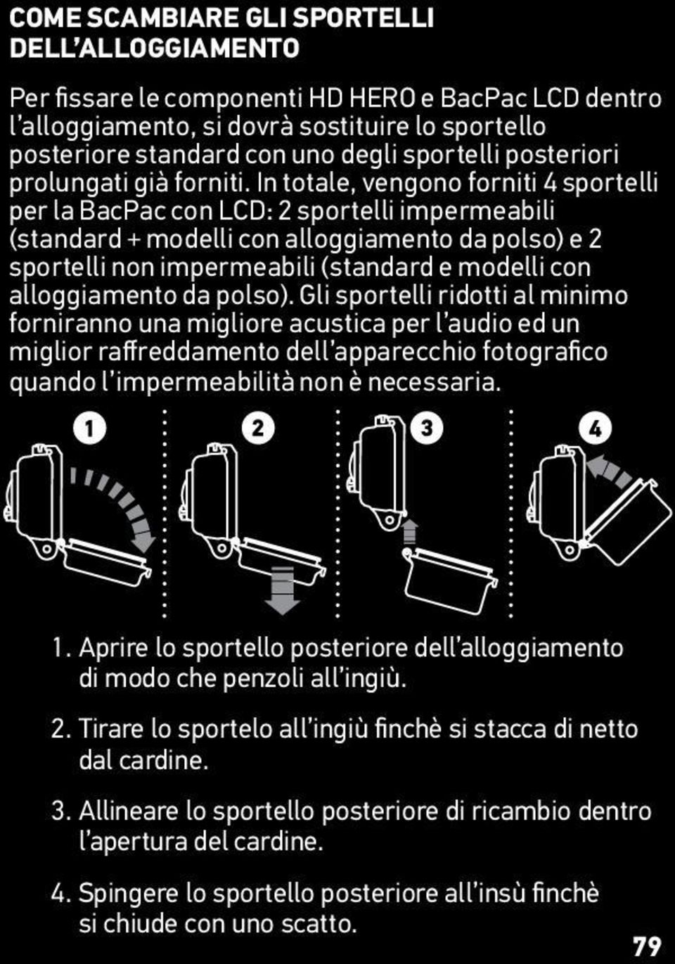 In totale, vengono forniti 4 sportelli per la BacPac con LCD: 2 sportelli impermeabili (standard + modelli con alloggiamento da polso) e 2 sportelli non impermeabili (standard e modelli con