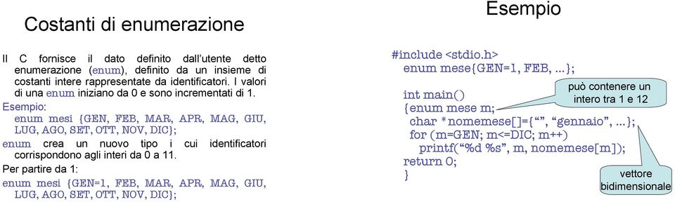 : enum mesi GEN, FEB, MAR, APR, MAG, GIU, LUG, AGO, SET, OTT, NOV, DIC; enum crea un nuovo tipo i cui identificatori corrispondono agli interi da 0 a 11.