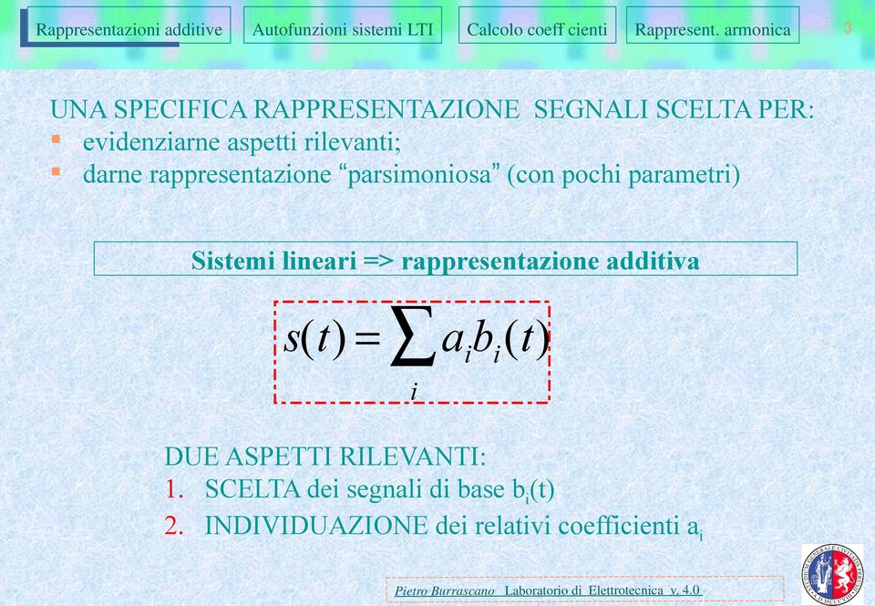 lineari => rappresentazione additiva s(t) = i a i b i (t) DUE ASPETTI