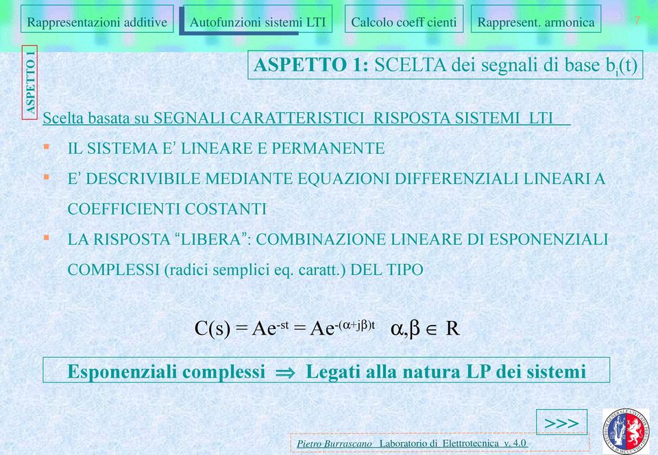 COEFFICIENTI COSTANTI LA RISPOSTA LIBERA : COMBINAZIONE LINEARE DI ESPONENZIALI COMPLESSI (radici semplici