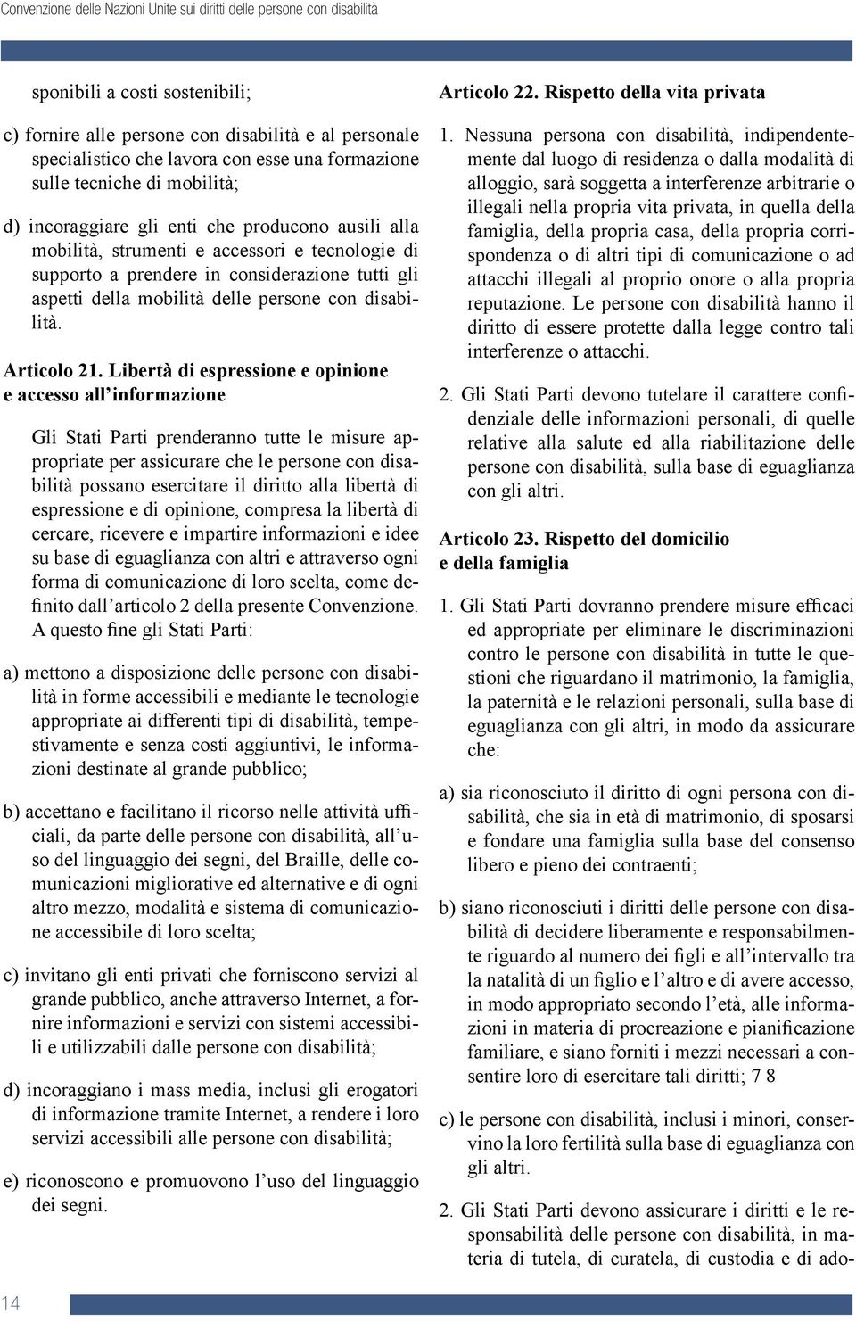 Libertà di espressione e opinione e accesso all informazione Gli Stati Parti prenderanno tutte le misure appropriate per assicurare che le persone con disabilità possano esercitare il diritto alla