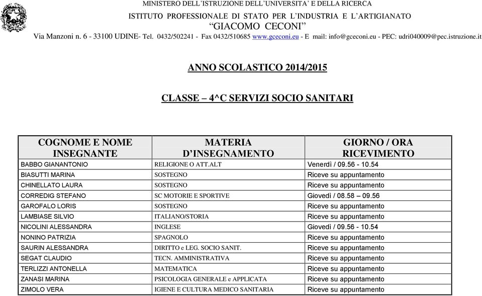 56 GAROFALO LORIS SOSTEGNO Riceve su appuntamento LAMBIASE SILVIO ITALIANO/STORIA Riceve su appuntamento NICOLINI ALESSANDRA INGLESE Giovedì / 09.56-10.