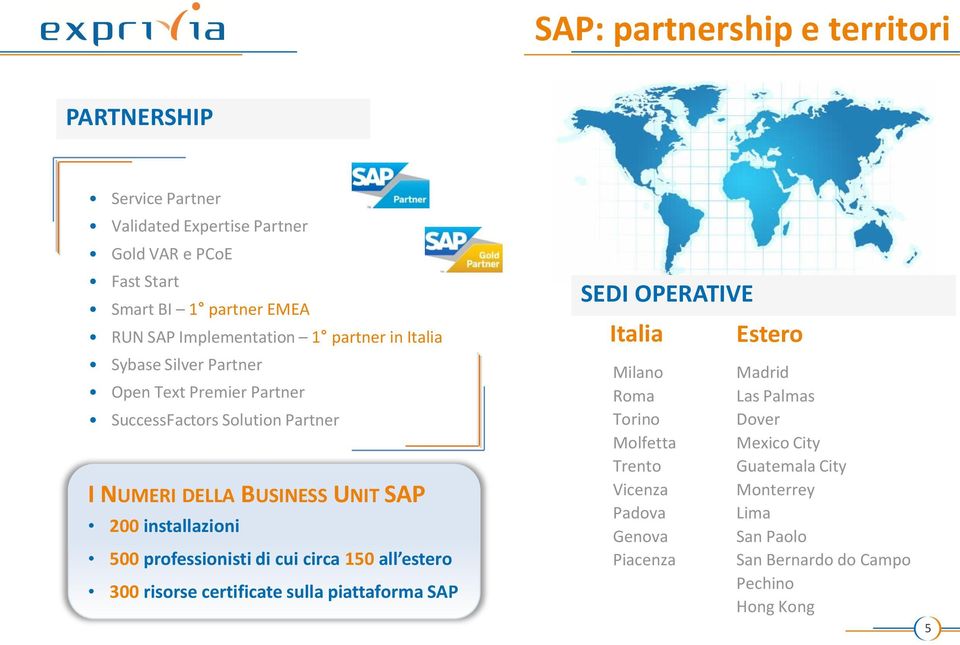 installazioni 500 professionisti di cui circa 150 all estero 300 risorse certificate sulla piattaforma SAP SEDI OPERATIVE Italia Milano Roma Torino