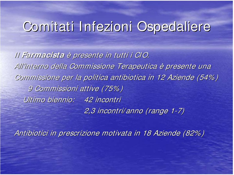 politica antibiotica in 12 Aziende (54%) 9 Commissioni attive (75%) Ultimo