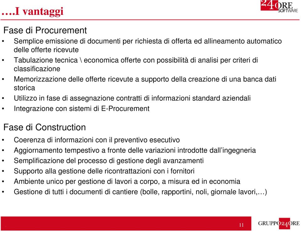 aziendali Integrazione con sistemi di E-Procurement Fase di Construction Coerenza di informazioni con il preventivo esecutivo Aggiornamento tempestivo a fronte delle variazioni introdotte dall