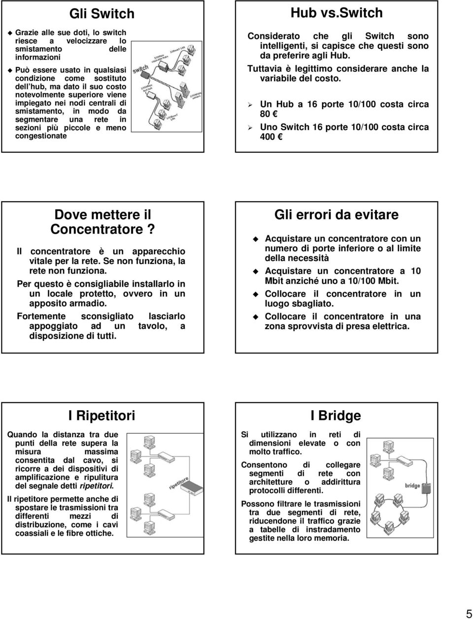 switch Considerato che gli Switch sono intelligenti, si capisce che questi sono da preferire agli Hub. Tuttavia è legittimo considerare anche la variabile del costo.