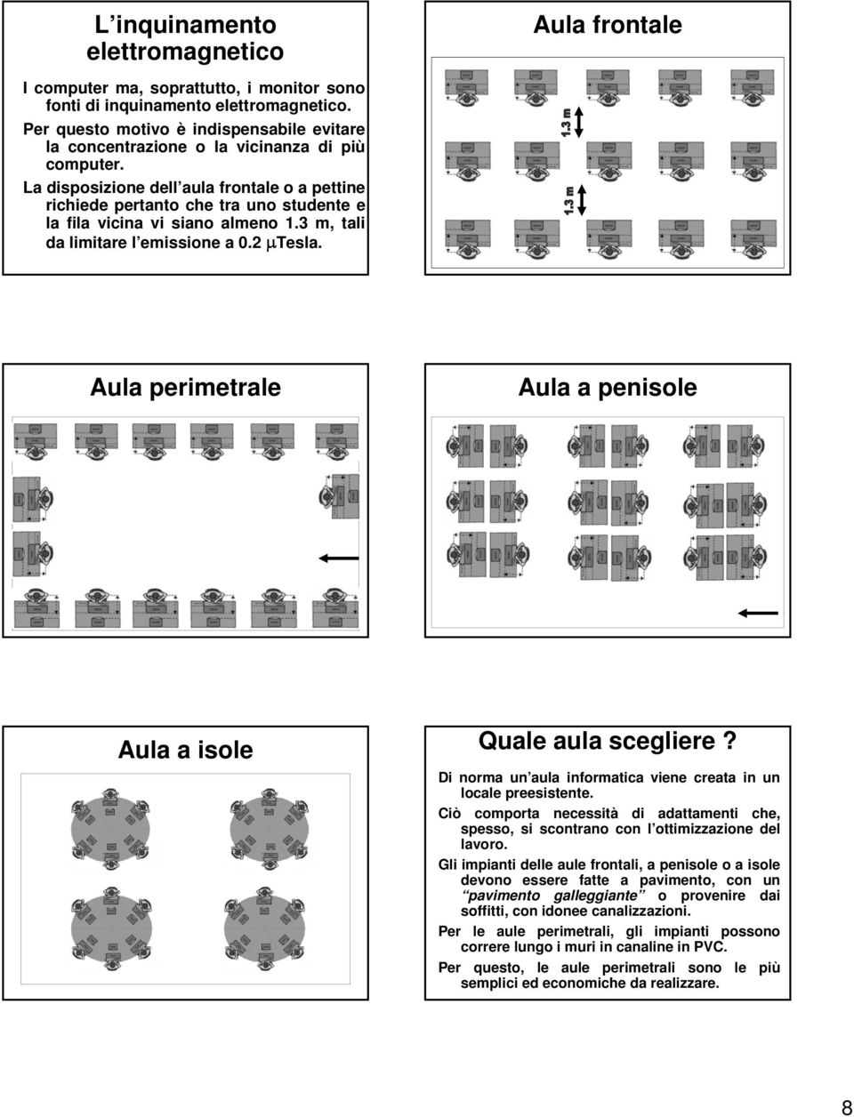 La disposizione dell aula frontale o a pettine richiede pertanto che tra uno studente e la fila vicina vi siano almeno 1.3 m, tali da limitare l emissione l a 0.2 µtesla.