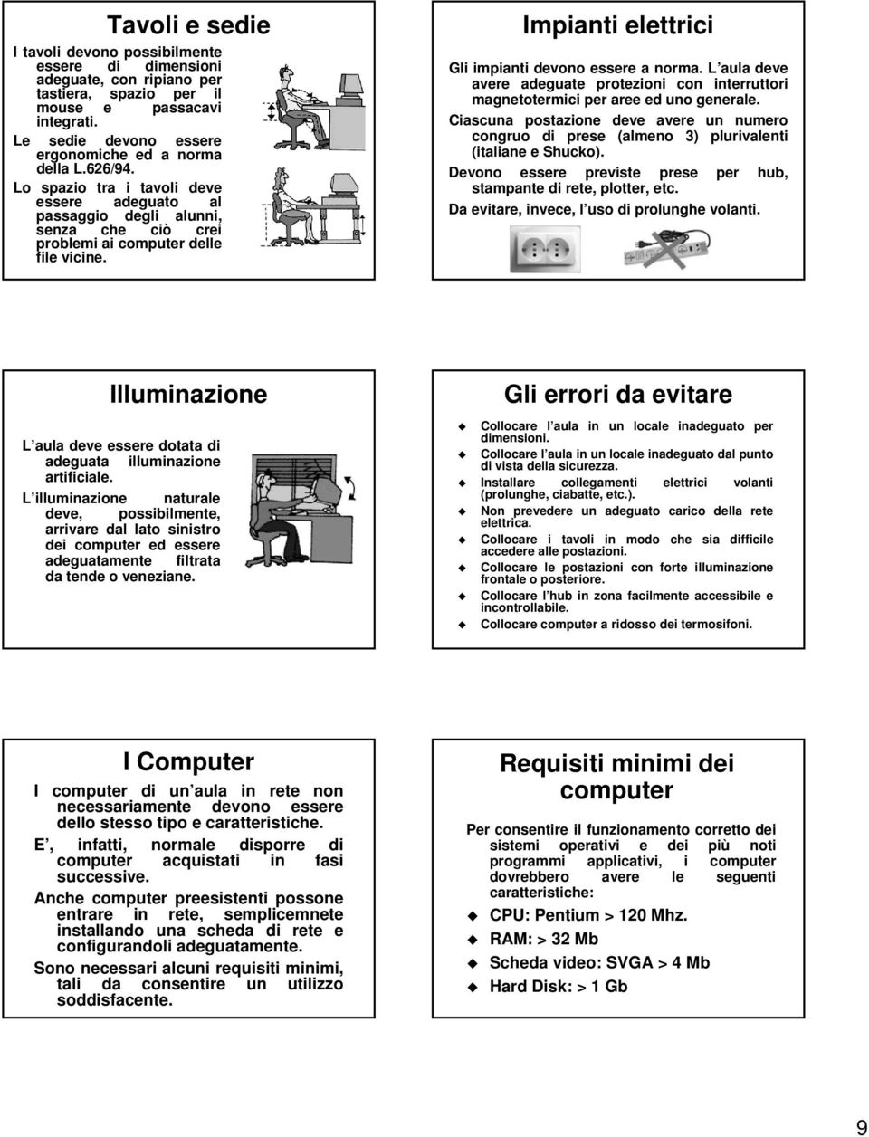 L aula L deve avere adeguate protezioni con interruttori magnetotermici per aree ed uno generale. Ciascuna postazione deve avere un numero congruo di prese (almeno 3) plurivalenti (italiane e Shucko).