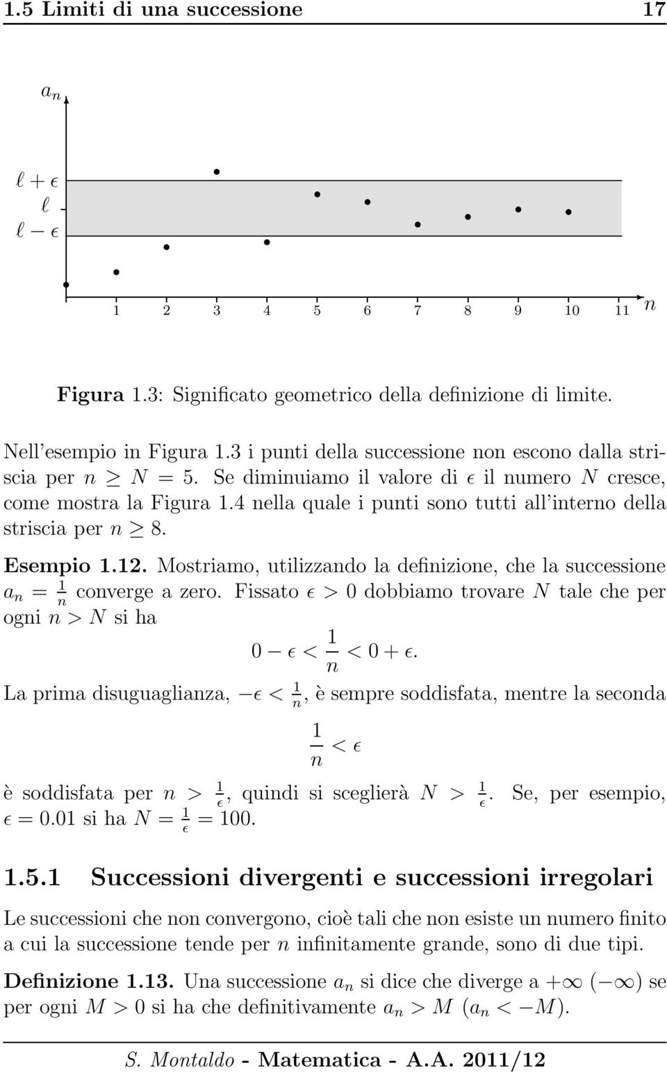 4 nella quale i punti sono tutti all interno della striscia per n 8. Esempio 1.12. Mostriamo, utilizzando la definizione, che la successione a n = 1 converge a zero.