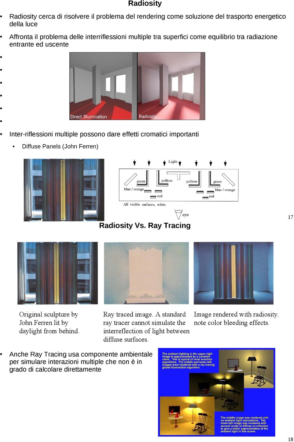 Inter-riflessioni multiple possono dare effetti cromatici importanti Diffuse Panels (John Ferren) 17 Radiosity Vs.