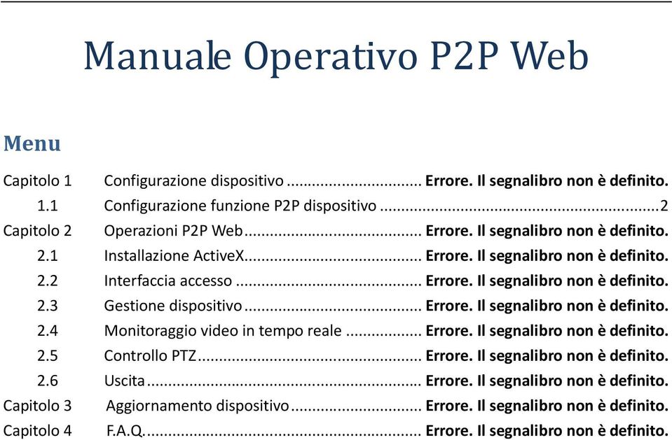 .. Errore. Il segnalibro non è definito. 2.4 Monitoraggio video in tempo reale... Errore. Il segnalibro non è definito. 2.5 Controllo PTZ... Errore. Il segnalibro non è definito. 2.6 Uscita.