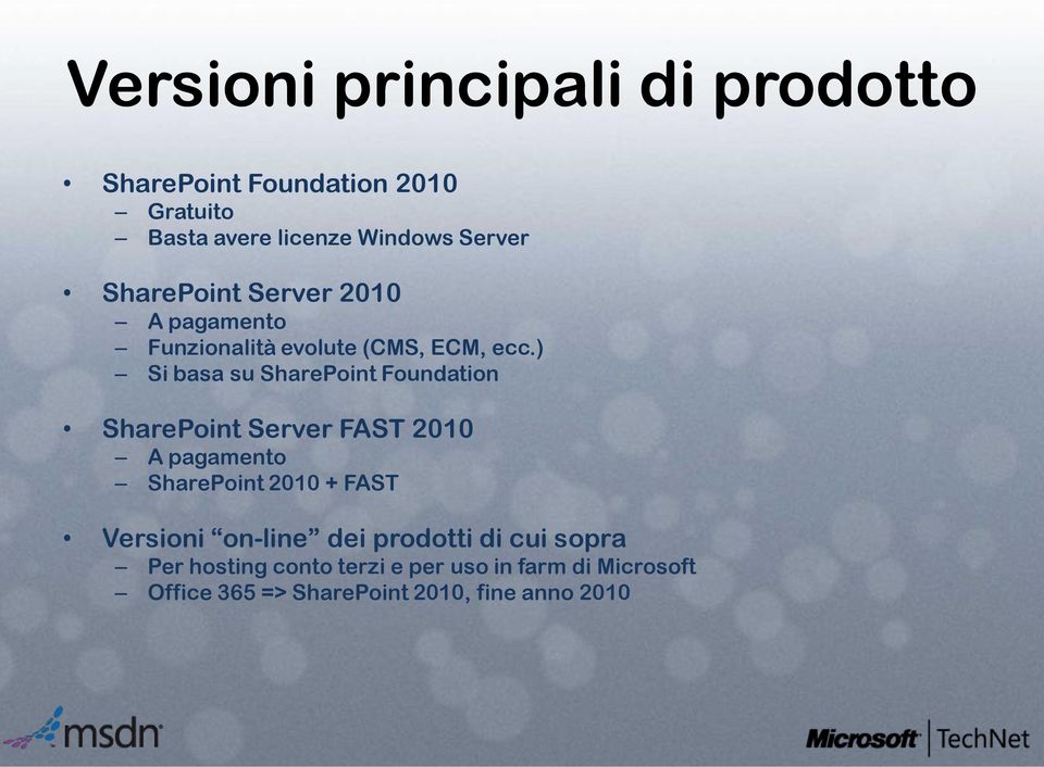 ) Si basa su SharePoint Foundation SharePoint Server FAST 2010 A pagamento SharePoint 2010 + FAST