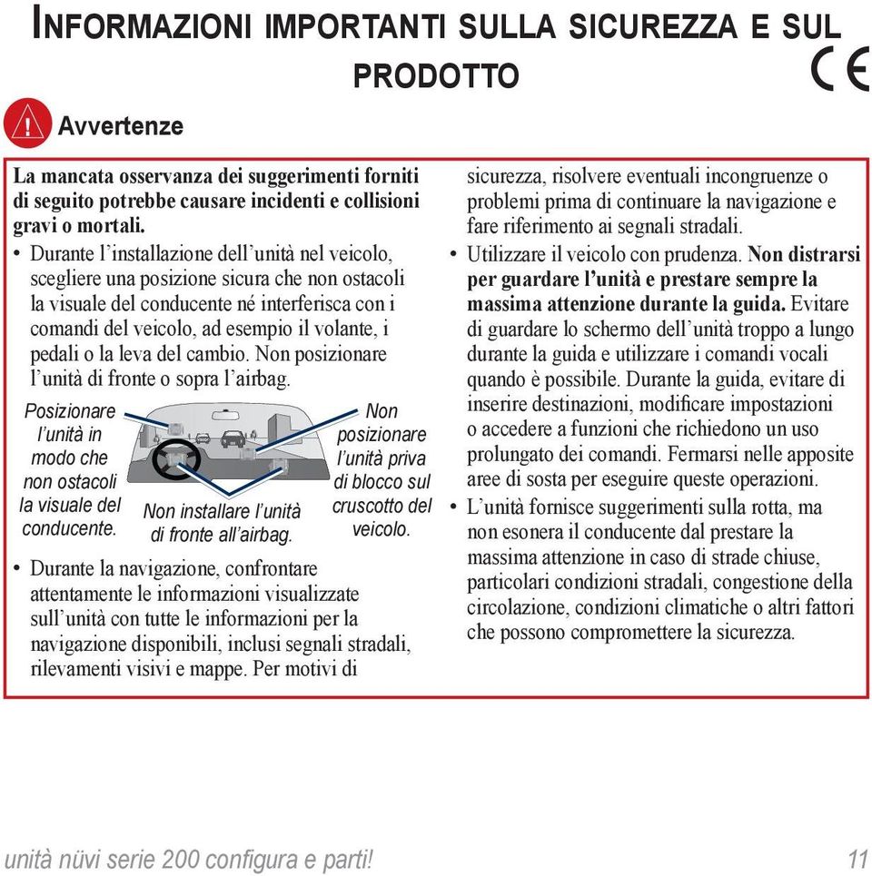 la leva del cambio. Non posizionare l unità di fronte o sopra l airbag. Posizionare l unità in modo che non ostacoli la visuale del conducente. Non installare l unità di fronte all airbag.