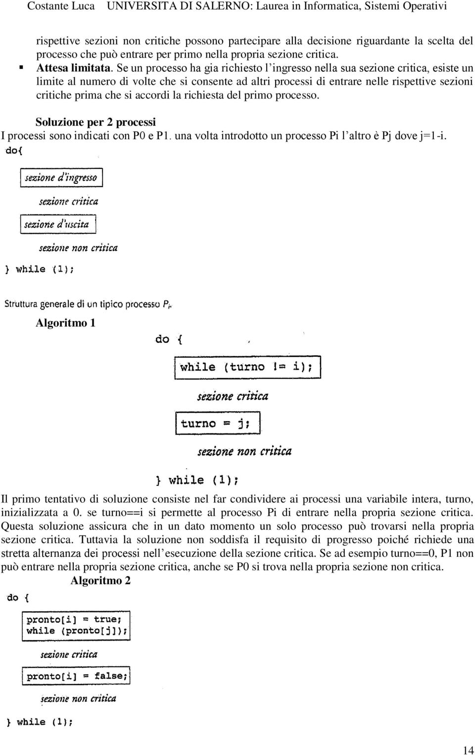 accordi la richiesta del primo processo. Soluzione per 2 processi I processi sono indicati con P0 e P1. una volta introdotto un processo Pi l altro è Pj dove j=1-i.