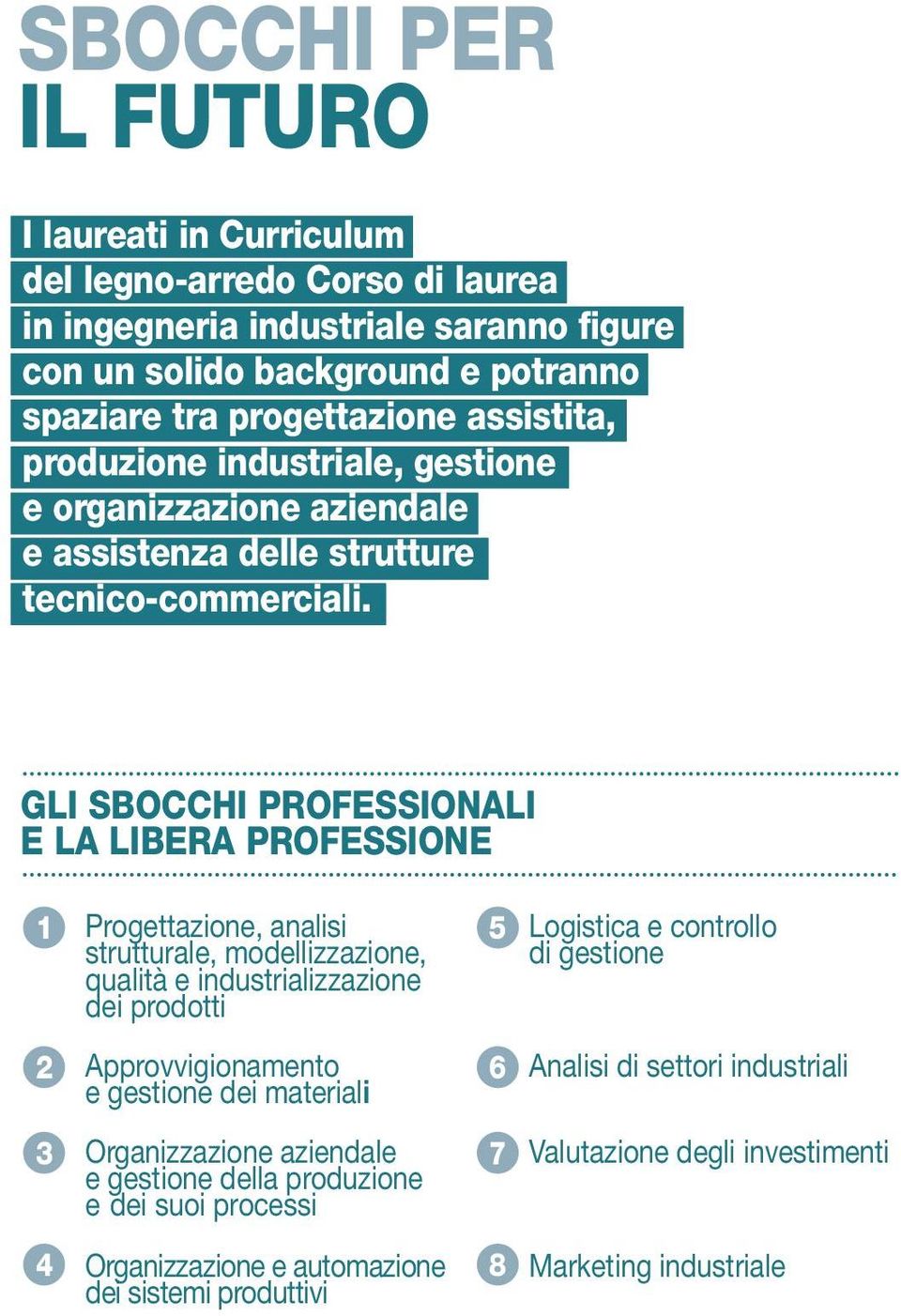 GLI SBOCCHI PROFESSIONALI E LA LIBERA PROFESSIONE 1 Progettazione, analisi 5 strutturale, modellizzazione, qualità e industrializzazione dei prodotti 2 Approvvigionamento e gestione