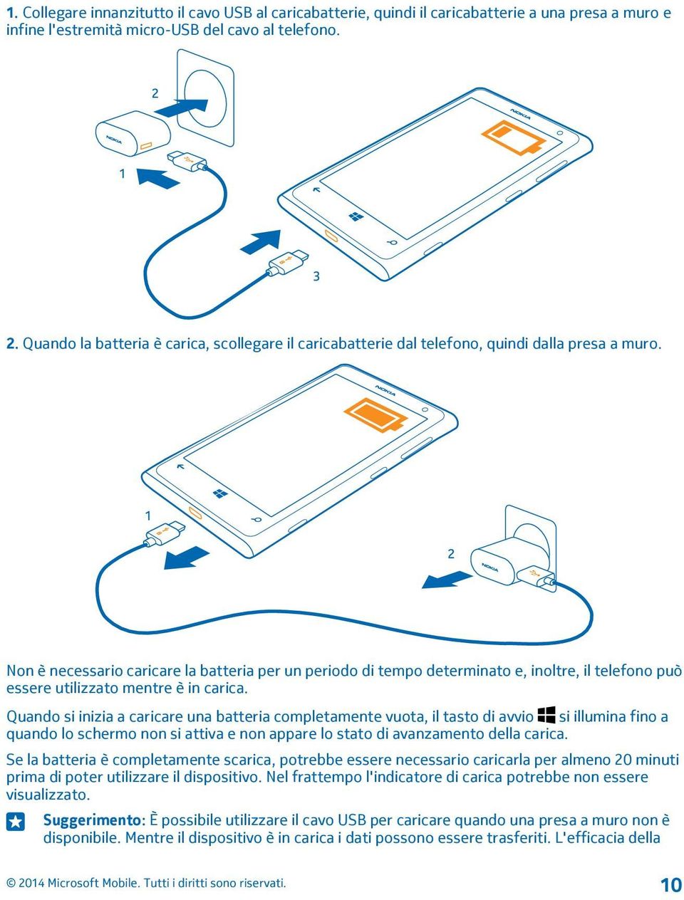 Non è necessario caricare la batteria per un periodo di tempo determinato e, inoltre, il telefono può essere utilizzato mentre è in carica.