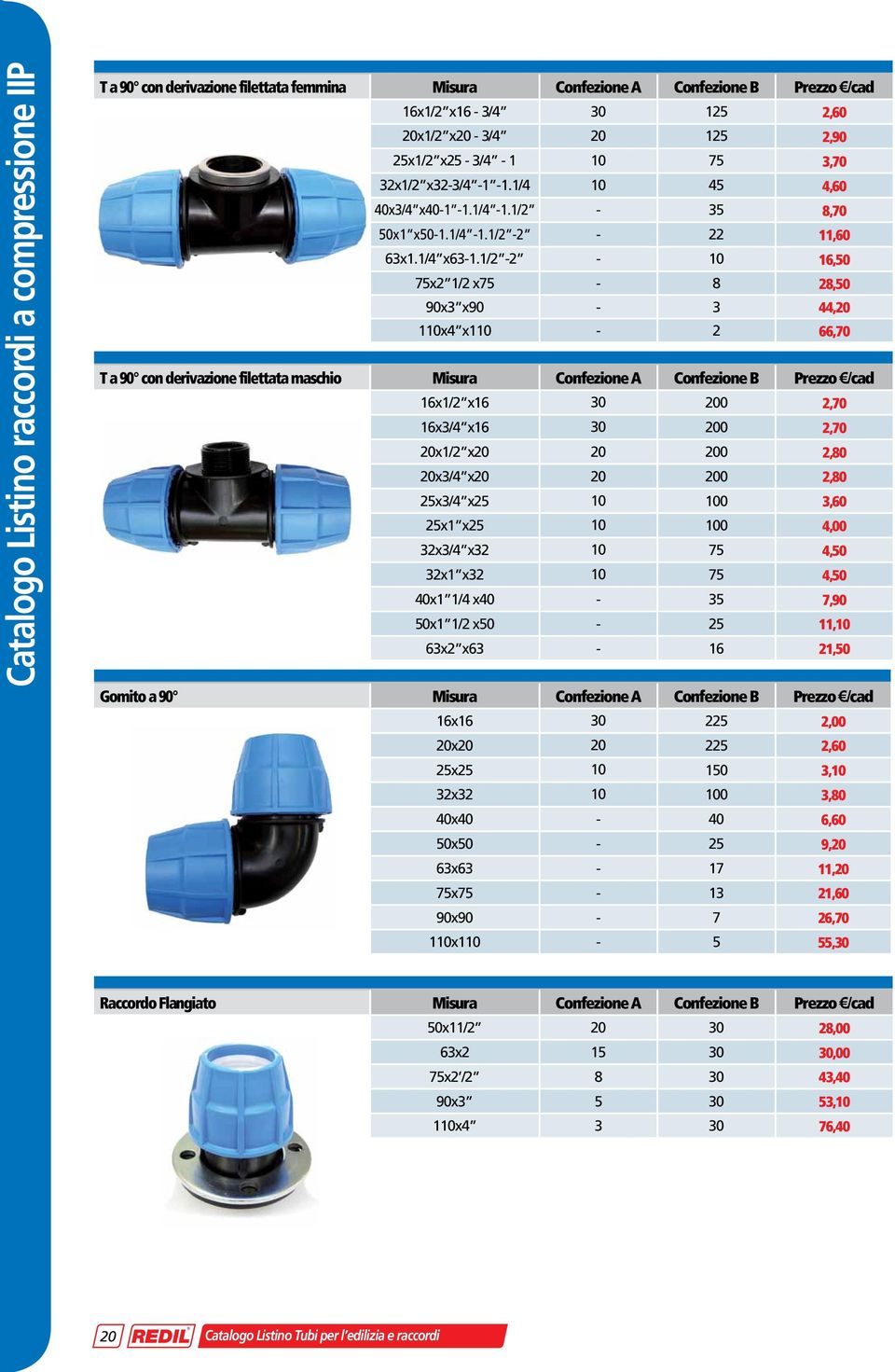 1/2-2 - 10 16,50 75x2 1/2 x75-8 28,50 90x3 x90-3 44,20 110x4 x110-2 66,70 T a 90 con derivazione filettata maschio Misura Confezione A Confezione B Prezzo /cad 16x1/2 x16 30 200 2,70 16x3/4 x16 30