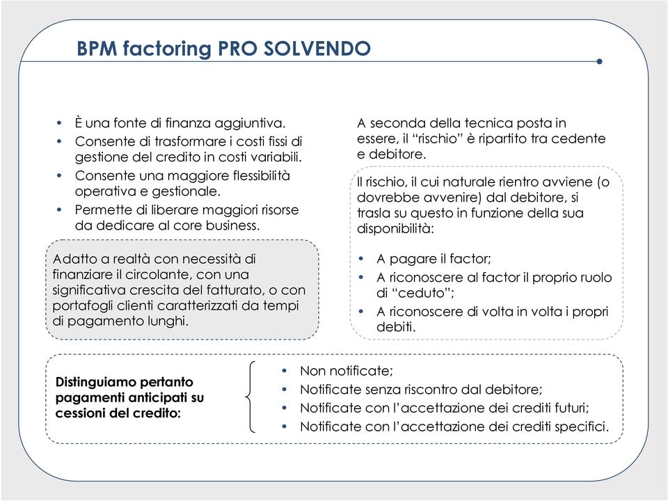 Adatto a realtà con necessità di finanziare il circolante, con una significativa crescita del fatturato, o con portafogli clienti caratterizzati da tempi di pagamento lunghi.