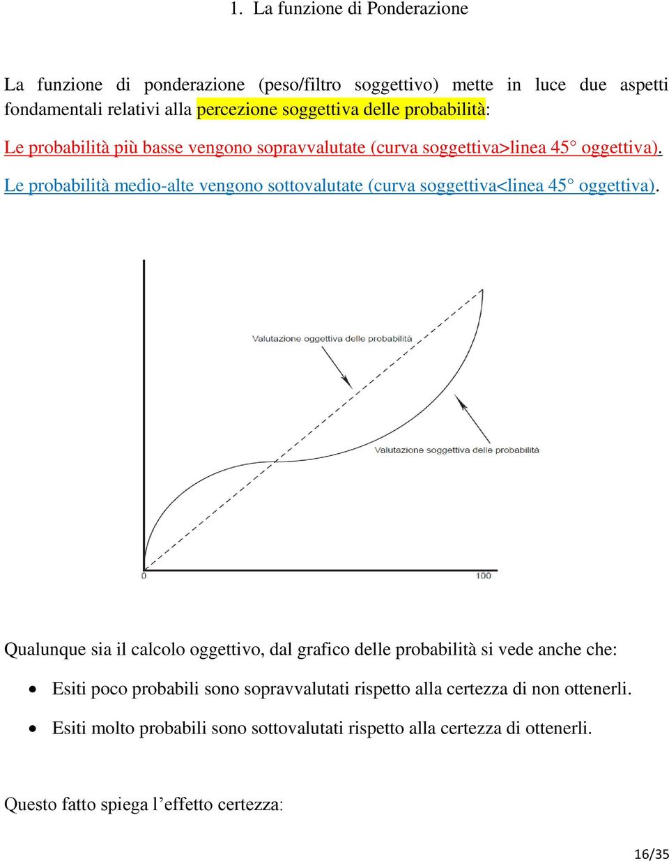 Le probabilità medio-alte vengono sottovalutate (curva soggettiva<linea 45 oggettiva).