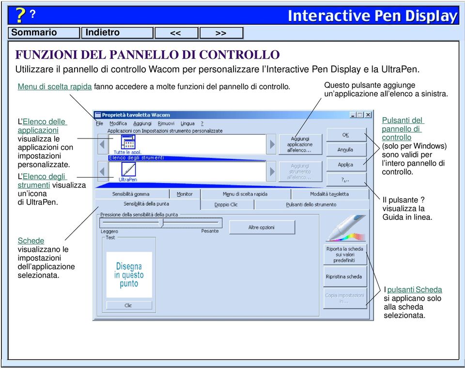 L Elenco delle applicazioni visualizza le applicazioni con impostazioni personalizzate. L Elenco degli strumenti visualizza un icona di UltraPen.