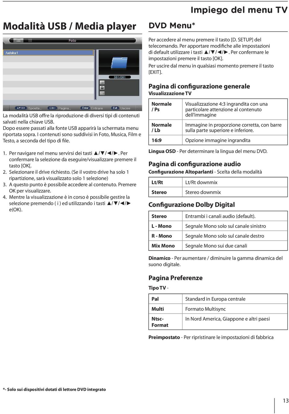 Pagina di configurazione generale Visualizzazione TV La modalità USB offre la riproduzione di diversi tipi di contenuti salvati nella chiave USB.