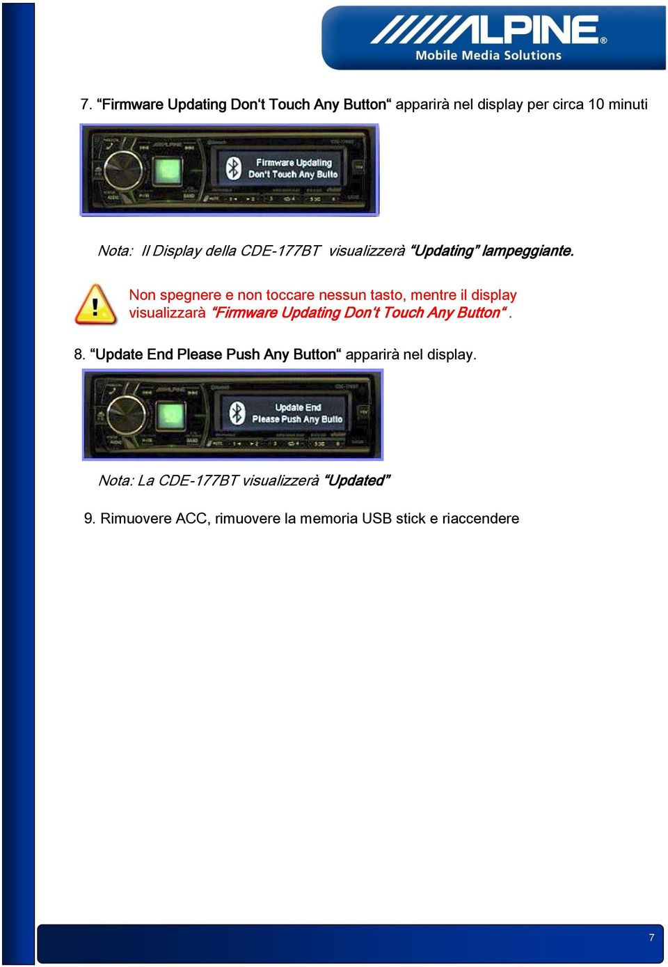 Non spegnere e non toccare nessun tasto, mentre il display visualizzarà Firmware Updating Don t Touch Any