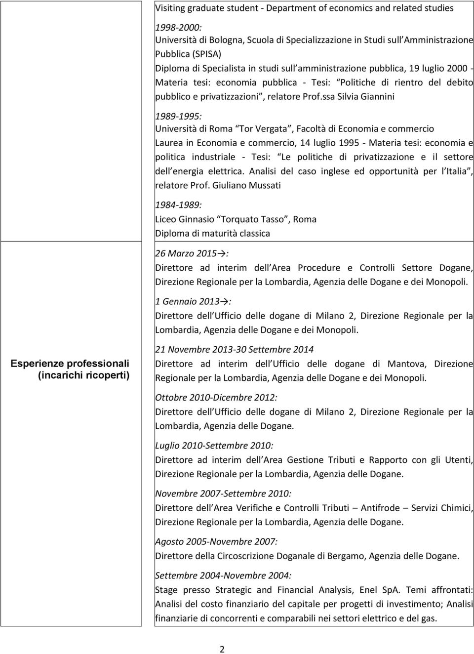 ssa Silvia Giannini 1989-1995: Università di Roma Tor Vergata, Facoltà di Economia e commercio Laurea in Economia e commercio, 14 luglio 1995 - Materia tesi: economia e politica industriale - Tesi: