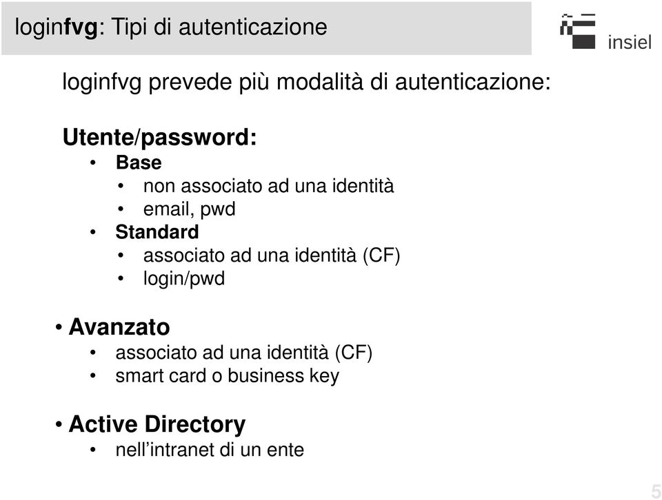 pwd Standard associato ad una identità (CF) login/pwd Avanzato associato ad