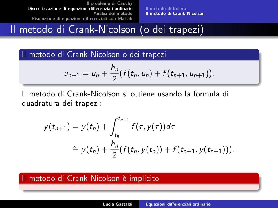 Il metodo di Crank-Nicolson si ottiene usando la formula di quadratura dei trapezi: tn+1 y(t n+1 ) = y(t