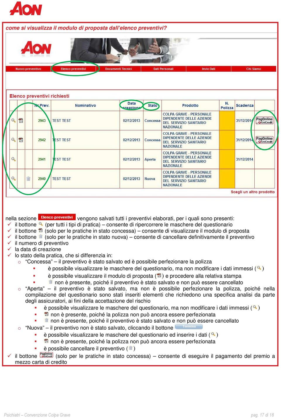 per le pratiche in stato concessa) consente di visualizzare il modulo di proposta il bottone (solo per le pratiche in stato nuova) consente di cancellare definitivamente il preventivo il numero di