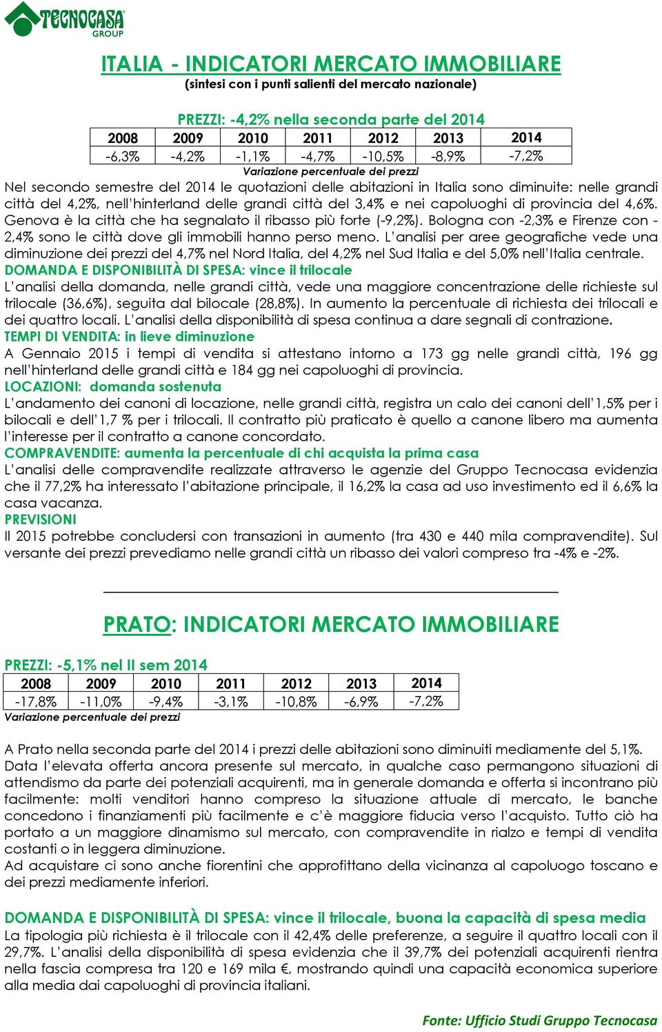 città del 3,4% e nei capoluoghi di provincia del 4,6%. Genova è la città che ha segnalato il ribasso più forte (-9,2%).