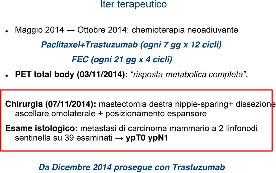 Chirurgia (07/11/2014): mastectomia destra nipple-sparing+ dissezione ascellare omolaterale + posizionamento
