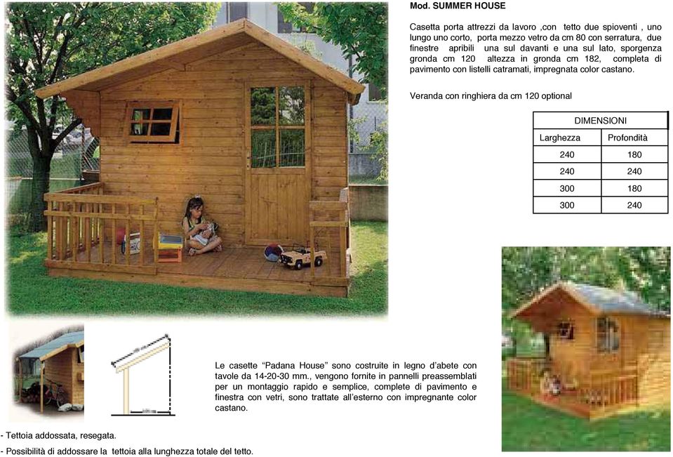 Veranda con ringhiera da cm 120 optional Le casette Padana House sono costruite in legno d abete con tavole da 14-20-30 mm.