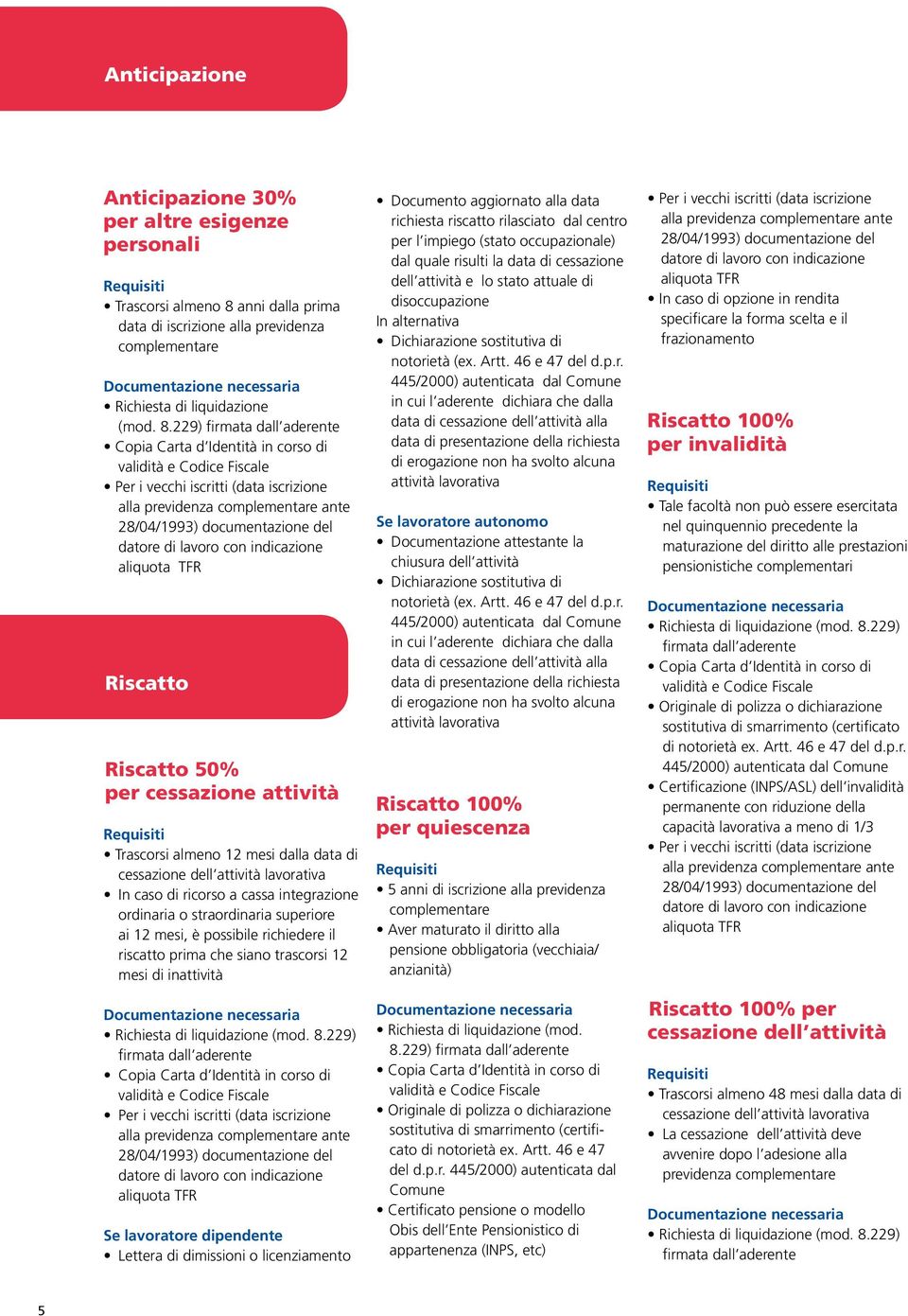 229) Riscatto Riscatto 50% per cessazione attività Trascorsi almeno 12 mesi dalla data di cessazione dell attività lavorativa In caso di ricorso a cassa integrazione ordinaria o straordinaria