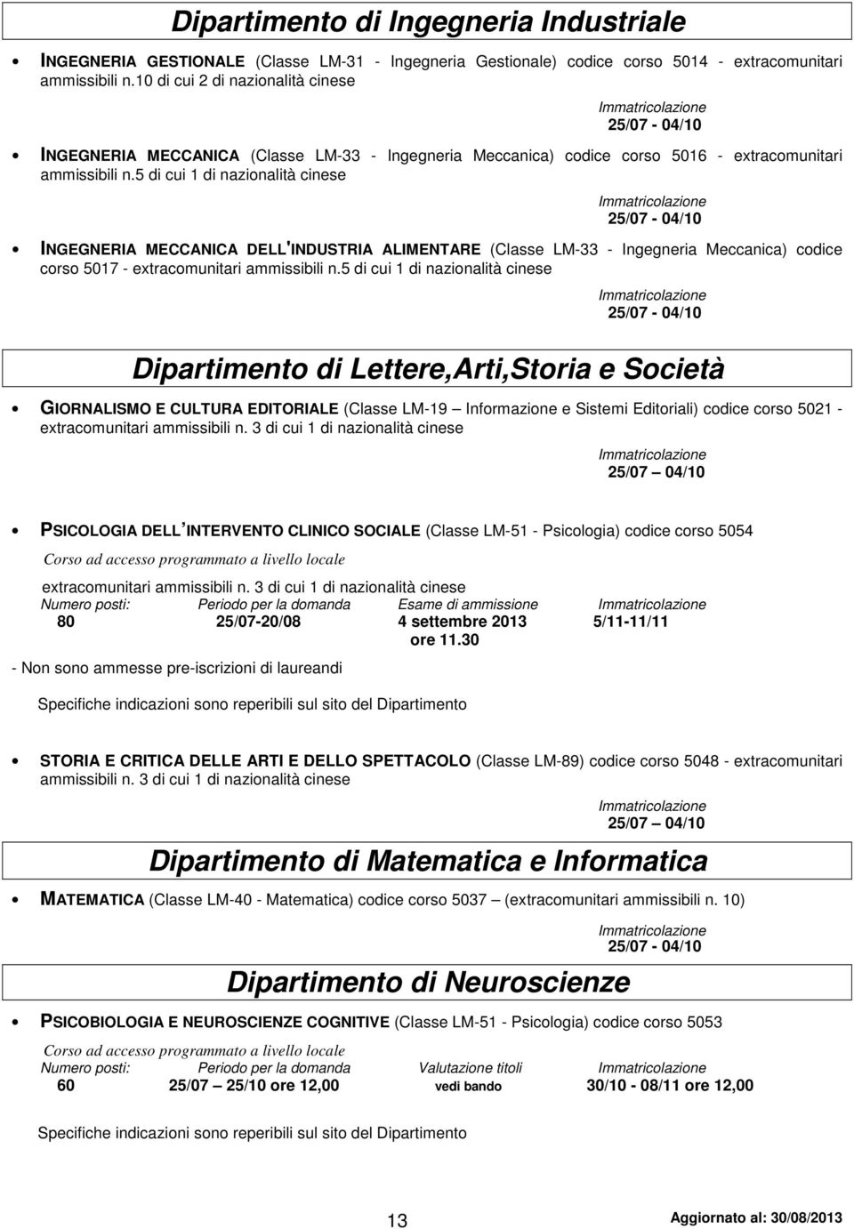 5 di cui 1 di nazionalità cinese INGEGNERIA MECCANICA DELL'INDUSTRIA ALIMENTARE (Classe LM-33 - Ingegneria Meccanica) codice corso 5017 - extracomunitari ammissibili n.