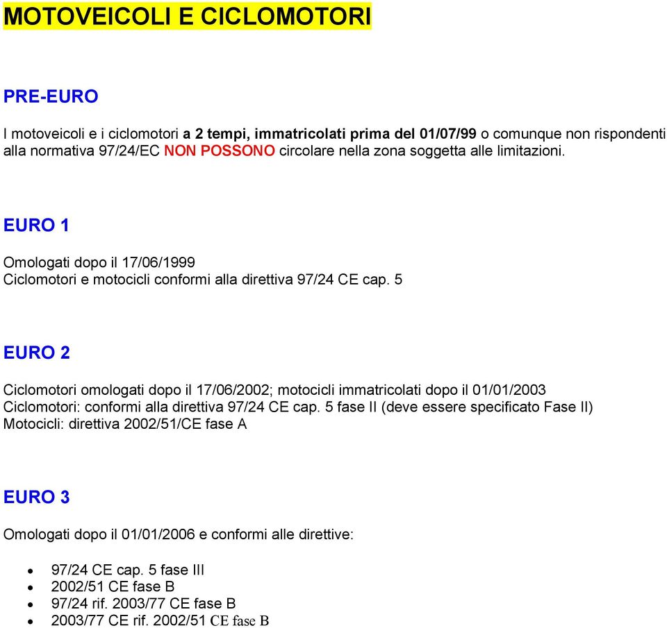 5 EURO 2 Ciclomotori omologati dopo il 17/06/2002; motocicli immatricolati dopo il 01/01/2003 Ciclomotori: conformi alla direttiva 97/24 CE cap.