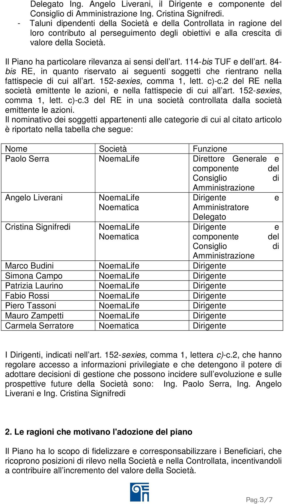 Il Piano ha particolare rilevanza ai sensi dell art. 114-bis TUF e dell art. 84- bis RE, in quanto riservato ai seguenti soggetti che rientrano nella fattispecie di cui all art.