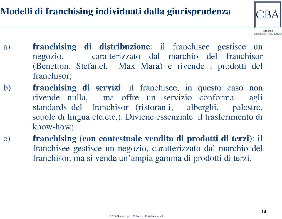 conforma agli standards del franchisor (ristoranti, alberghi, palestre, scuole di lingua etc.etc.).