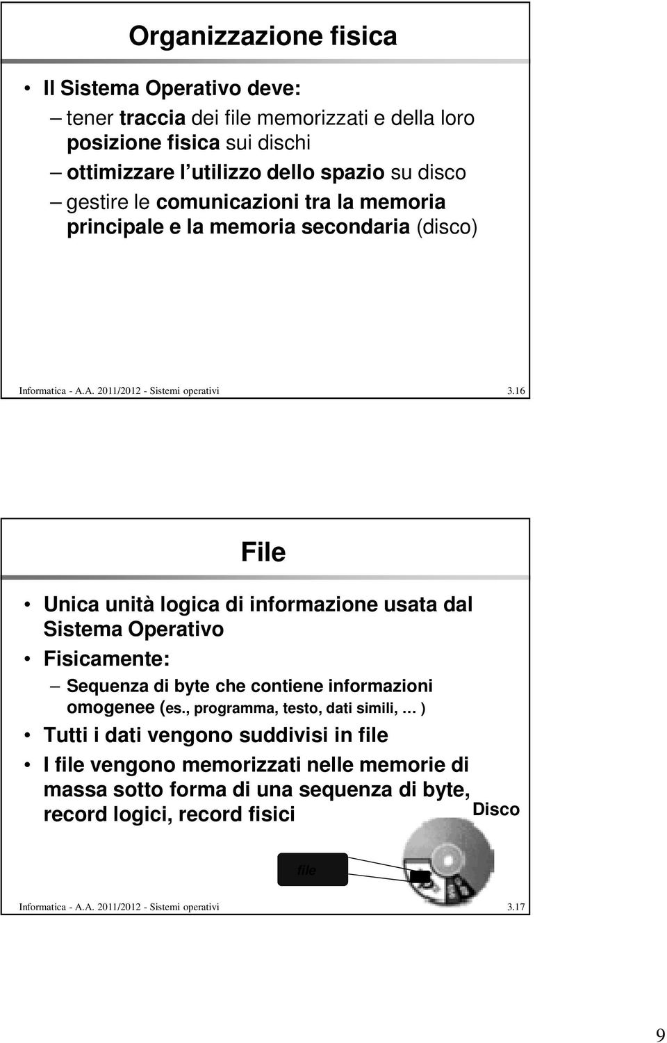 16 File Unica unità logica di informazione usata dal Sistema Operativo Fisicamente: Sequenza di byte che contiene informazioni omogenee (es.