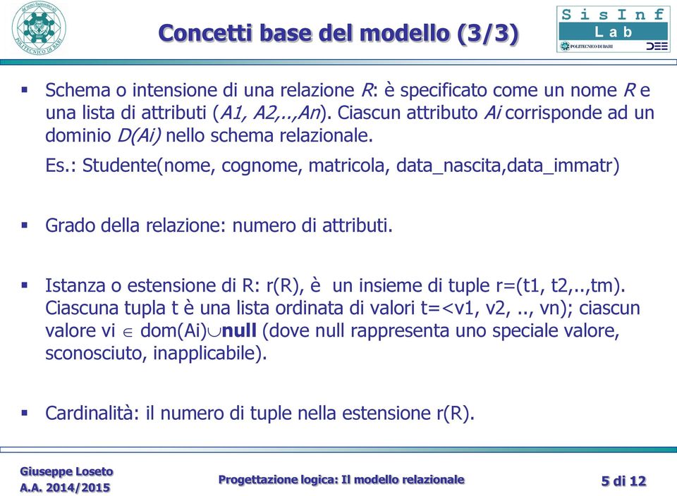 : Studente(nome, cognome, matricola, data_nascita,data_immatr) Grado della relazione: numero di attributi.