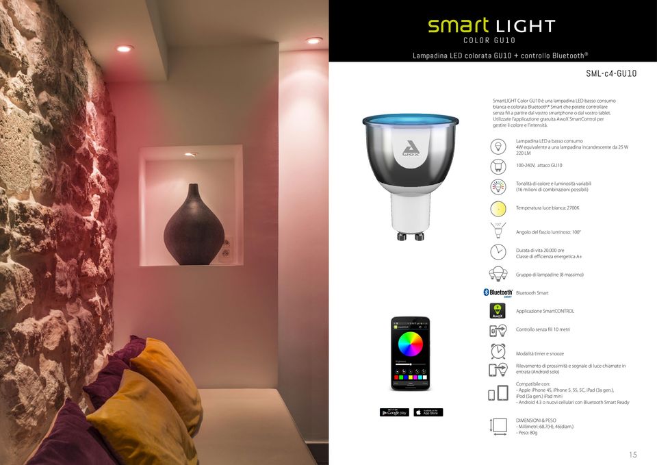 Lampadina LED a basso consumo 4W equivalente a una lampadina incandescente da 25 W 220 LM 100-240V, attaco GU10 Tonalità di colore e luminosità variabili (16 milioni di combinazioni possibili)