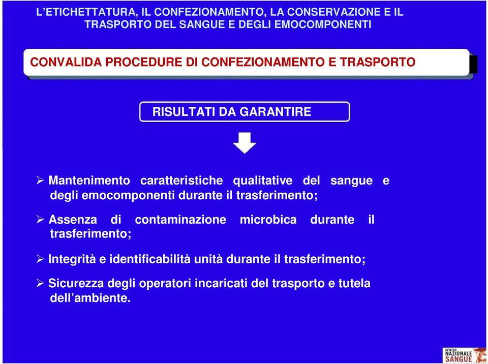 degli emocomponenti durante il trasferimento; Assenza di contaminazione microbica durante il trasferimento; Integrità