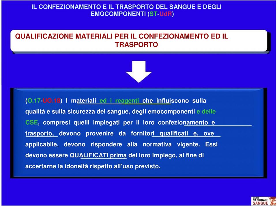 18) I materiali ed i reagenti che influiscono sulla qualità e sulla sicurezza del sangue, degli emocomponenti e delle CSE, compresi quelli