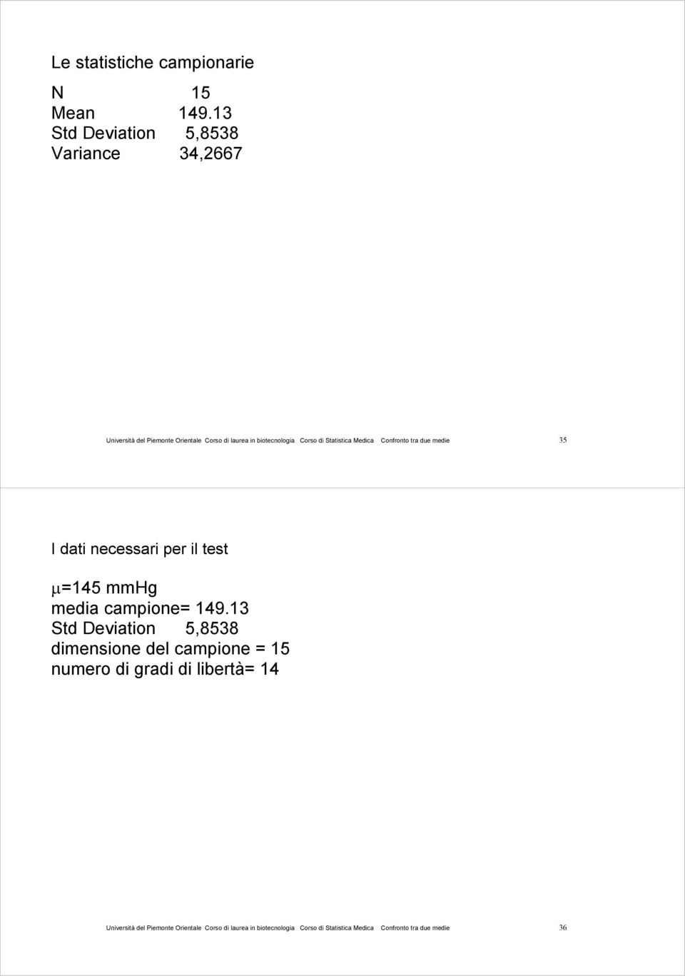 Statistica Medica Confronto tra due medie 35 I dati necessari per il test µ=145 mmhg media campione= 149.